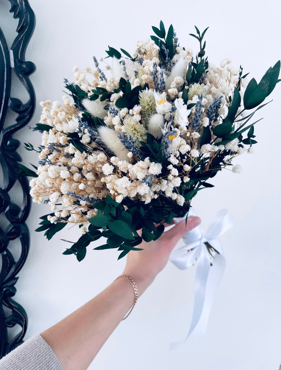 Rustic Dried Baby’s Breath Eucalyptus Bridal Bouquet – Gypsophila Wedding Flowers, Bridesmaid Bouquet, Boho Dried Flower Arrangement
