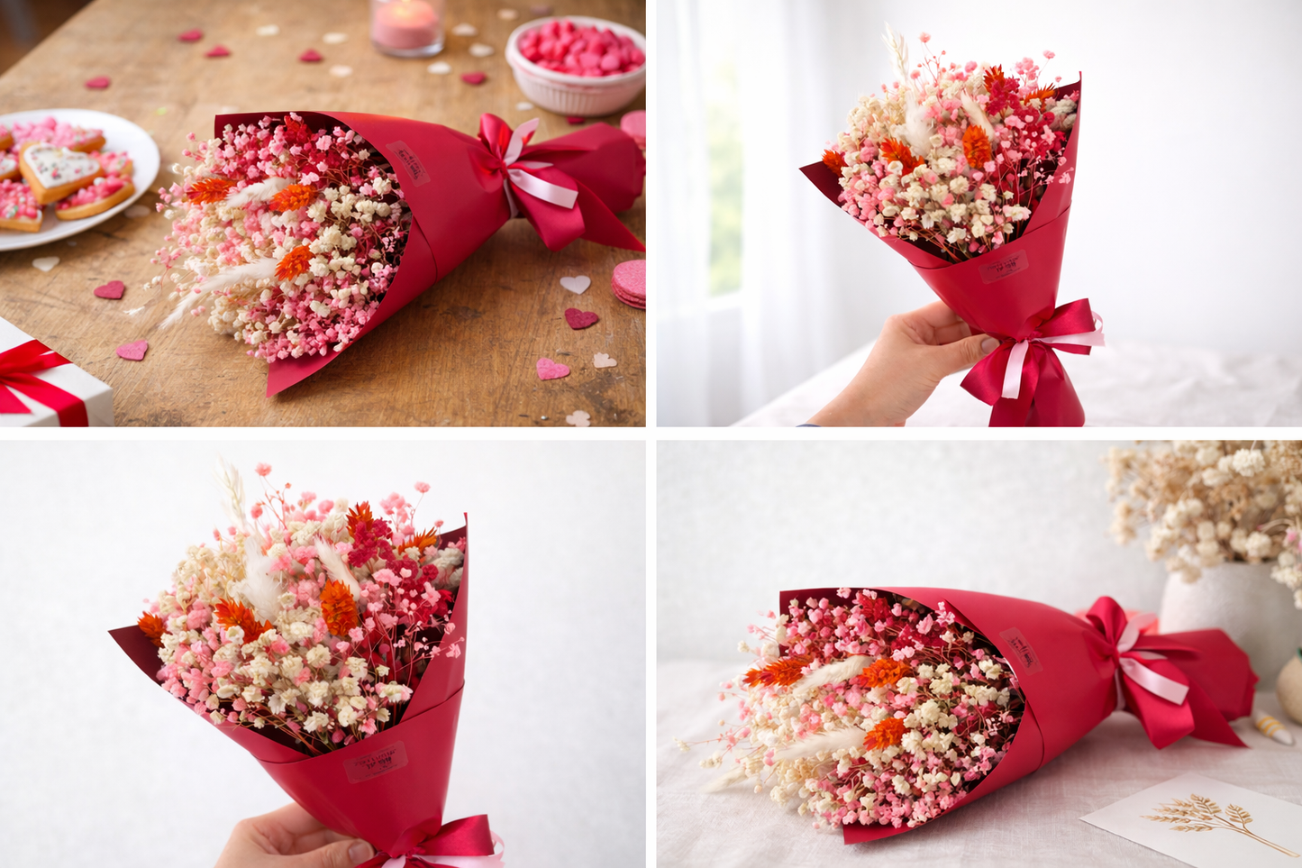 Dried Flower Bouquet Gift | Valentine’s Day Flowers | Pink Red Floral Arrangement | Everlasting Flowers | Romantic Home Decor
