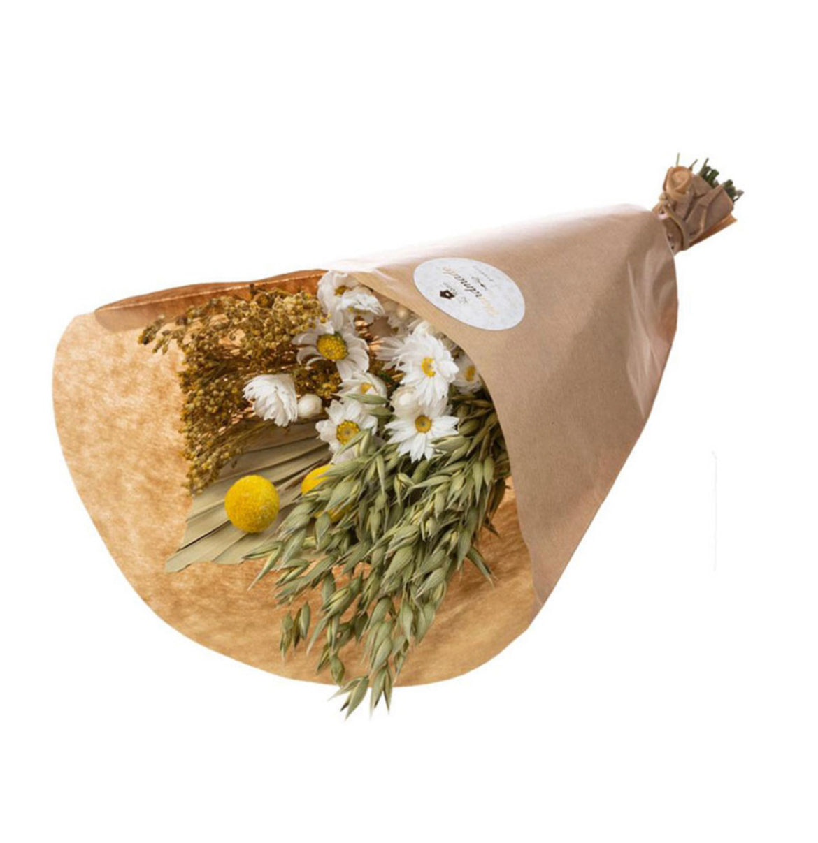 Rustic Dried Natural White Yellow Flower And Oat Bouquet With Palm Spear 36cm 14inches