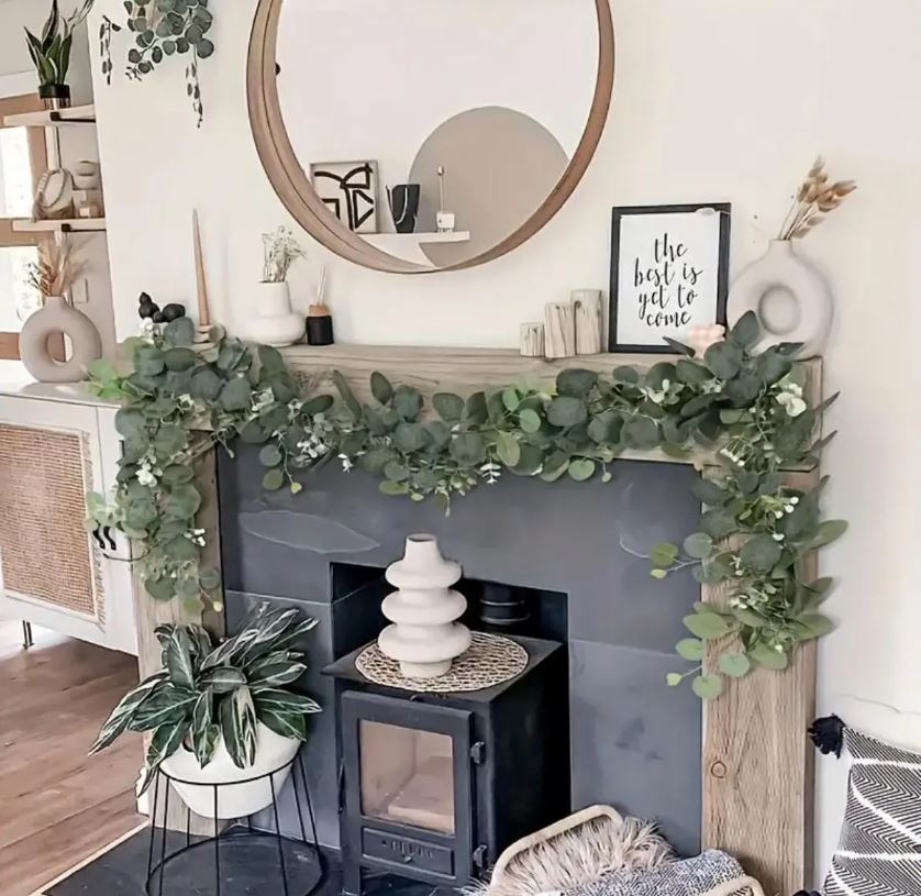 Eucalyptus Garland With Long Willow Leaves, Silvery Dollar Boston Fern Greenery Garland White Flowers Eucalyptus Vines, Scene Decor 1.8meter