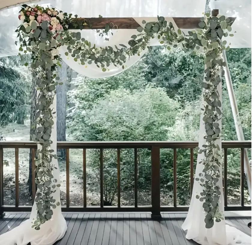 Eucalyptus Garland With Long Willow Leaves, Silvery Dollar Boston Fern Greenery Garland White Flowers Eucalyptus Vines, Scene Decor 1.8meter