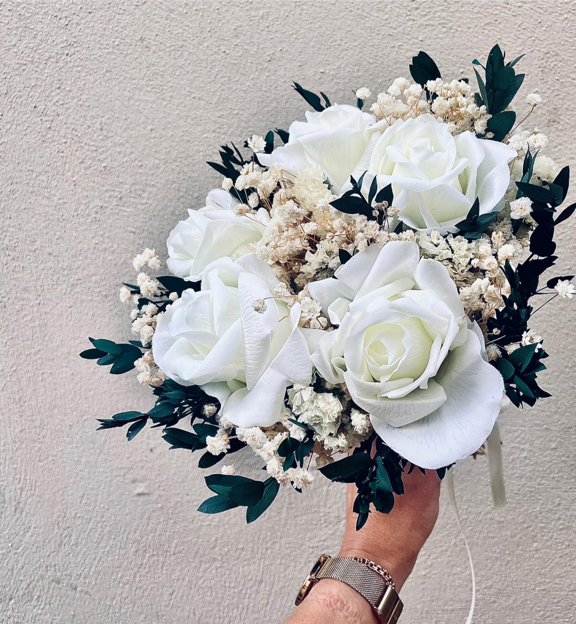 Dried Flower Bridal Bouquet White Real Touch Roses Preserved Eucalyptus Gypsophila Wedding Bouquet Boho Rustic Keepsake Flowers