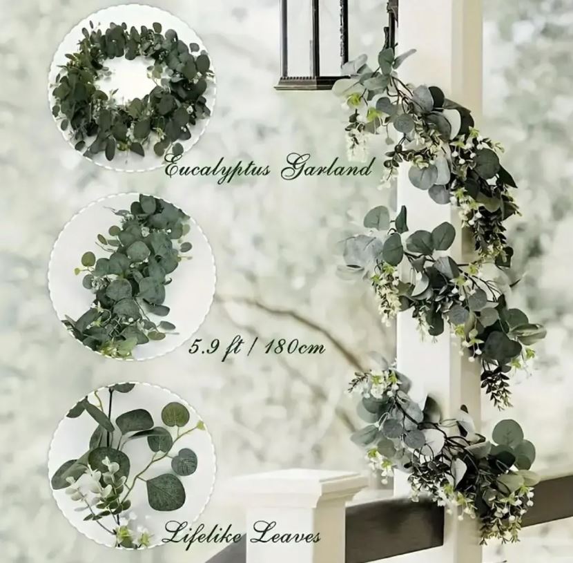 Eucalyptus Garland With Long Willow Leaves, Silvery Dollar Boston Fern Greenery Garland White Flowers Eucalyptus Vines, Scene Decor 1.8meter