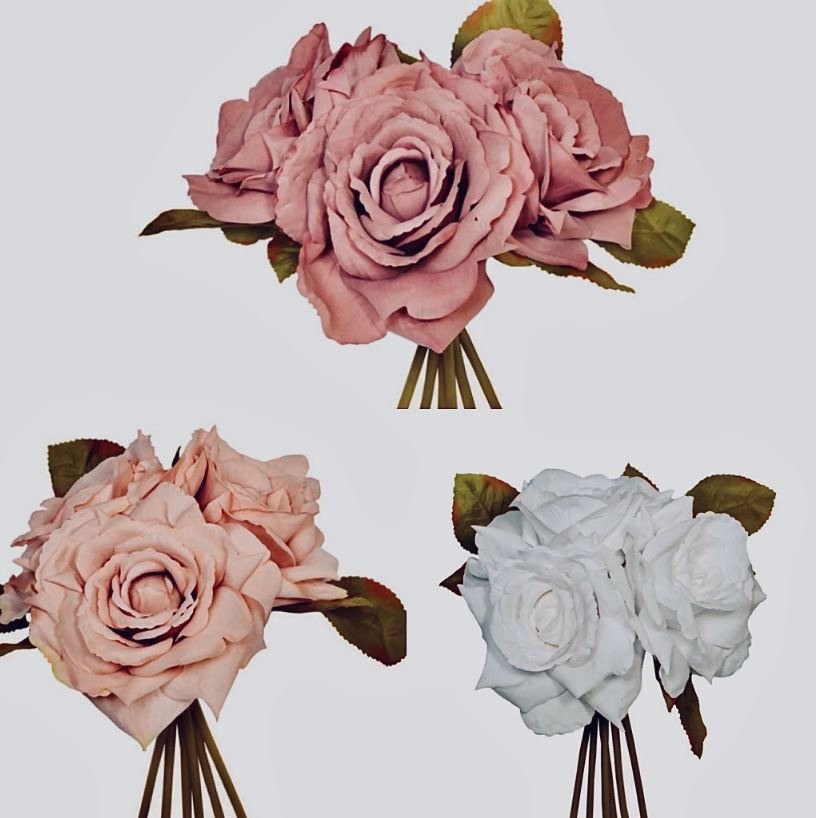 Faux Silk Large Rose And Leaf Posy 24cm/9 Inches Tall Antique Pink White Pink Peach Artificial Roses