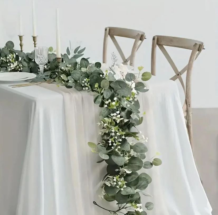 Eucalyptus Garland With Long Willow Leaves, Silvery Dollar Boston Fern Greenery Garland White Flowers Eucalyptus Vines, Scene Decor 1.8meter