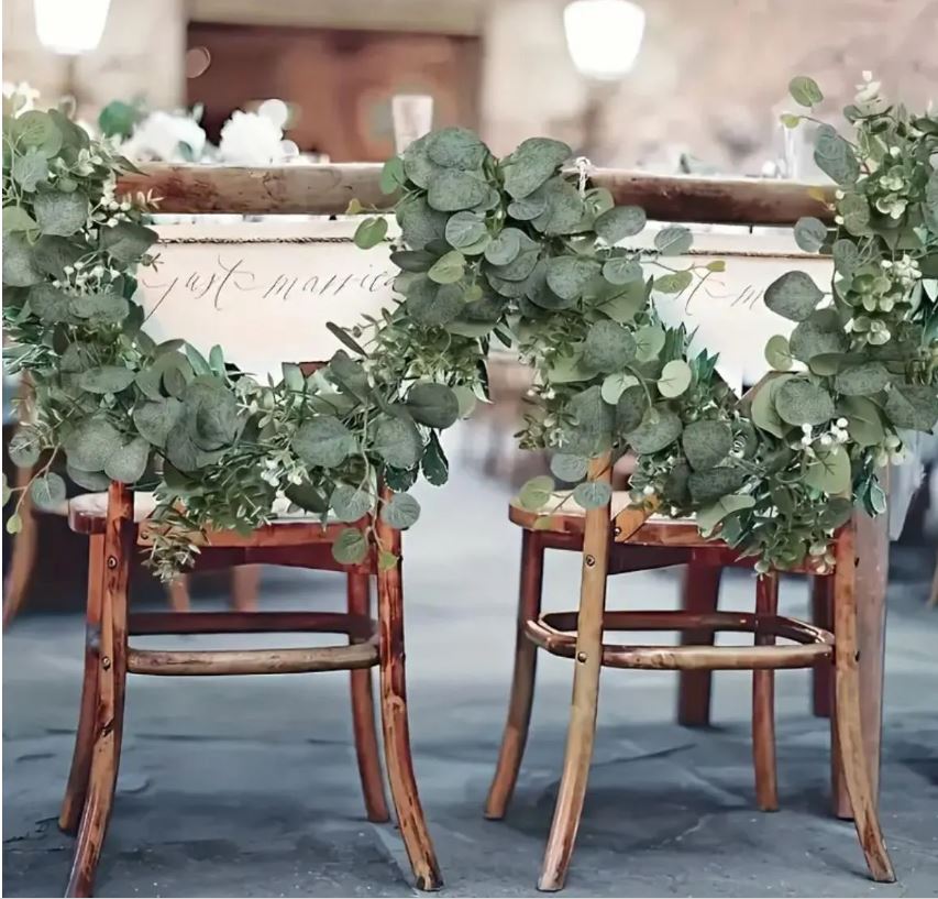 Eucalyptus Garland With Long Willow Leaves, Silvery Dollar Boston Fern Greenery Garland White Flowers Eucalyptus Vines, Scene Decor 1.8meter