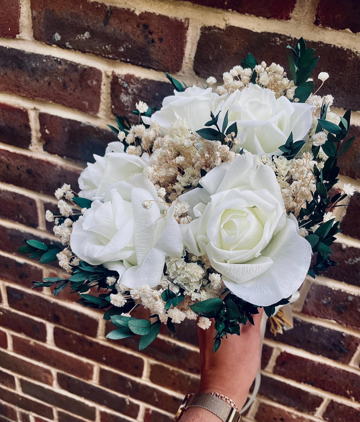 Dried Flower Bridal Bouquet White Real Touch Roses Preserved Eucalyptus Gypsophila Wedding Bouquet Boho Rustic Keepsake Flowers