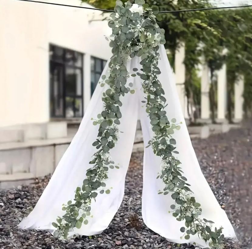 Eucalyptus Garland With Long Willow Leaves, Silvery Dollar Boston Fern Greenery Garland White Flowers Eucalyptus Vines, Scene Decor 1.8meter