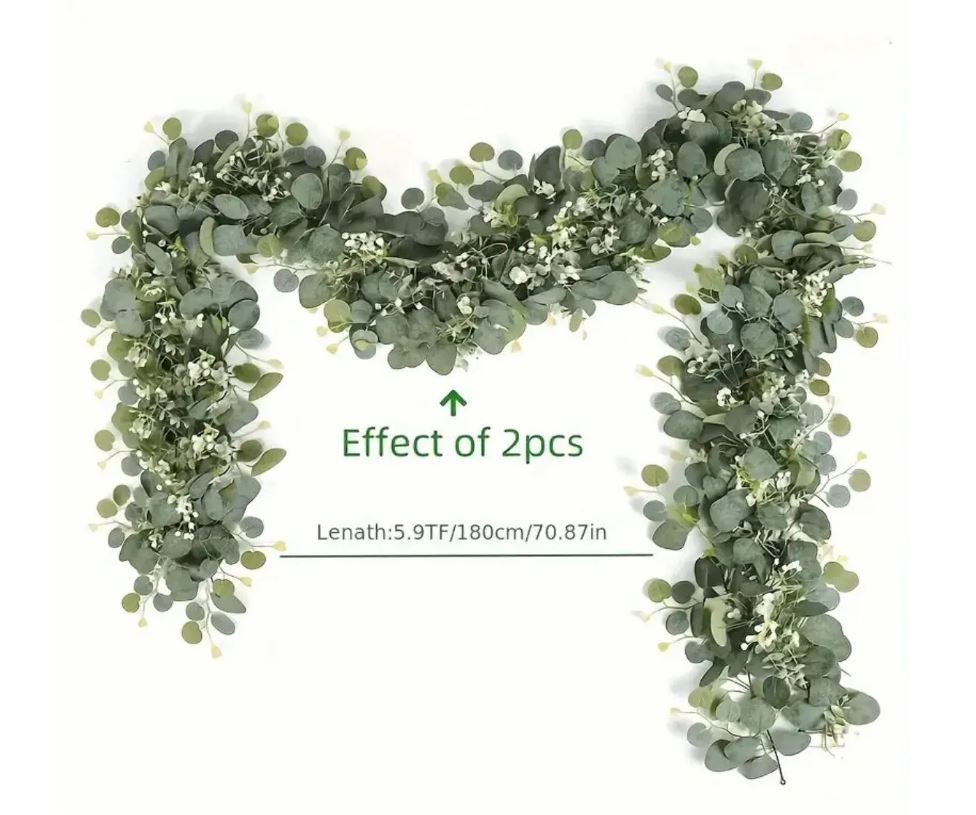 Eucalyptus Garland With Long Willow Leaves, Silvery Dollar Boston Fern Greenery Garland White Flowers Eucalyptus Vines, Scene Decor 1.8meter