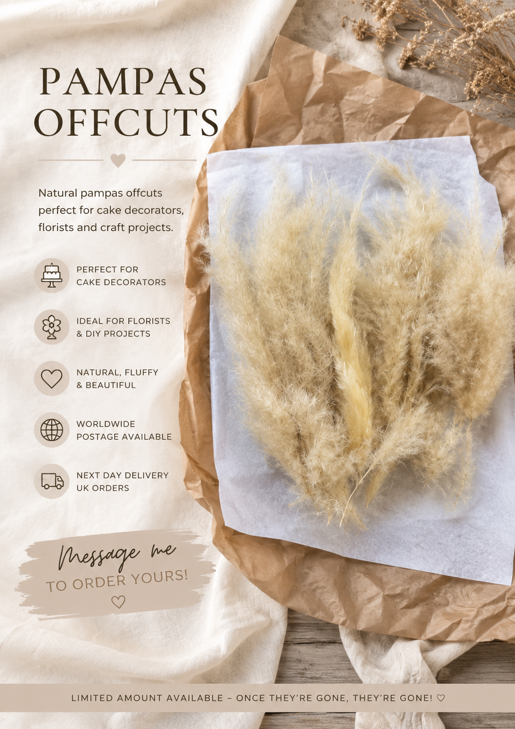 200g Natural Pampas Grass Offcuts | Cake Decor | Florist Supplies | Dried Flowers