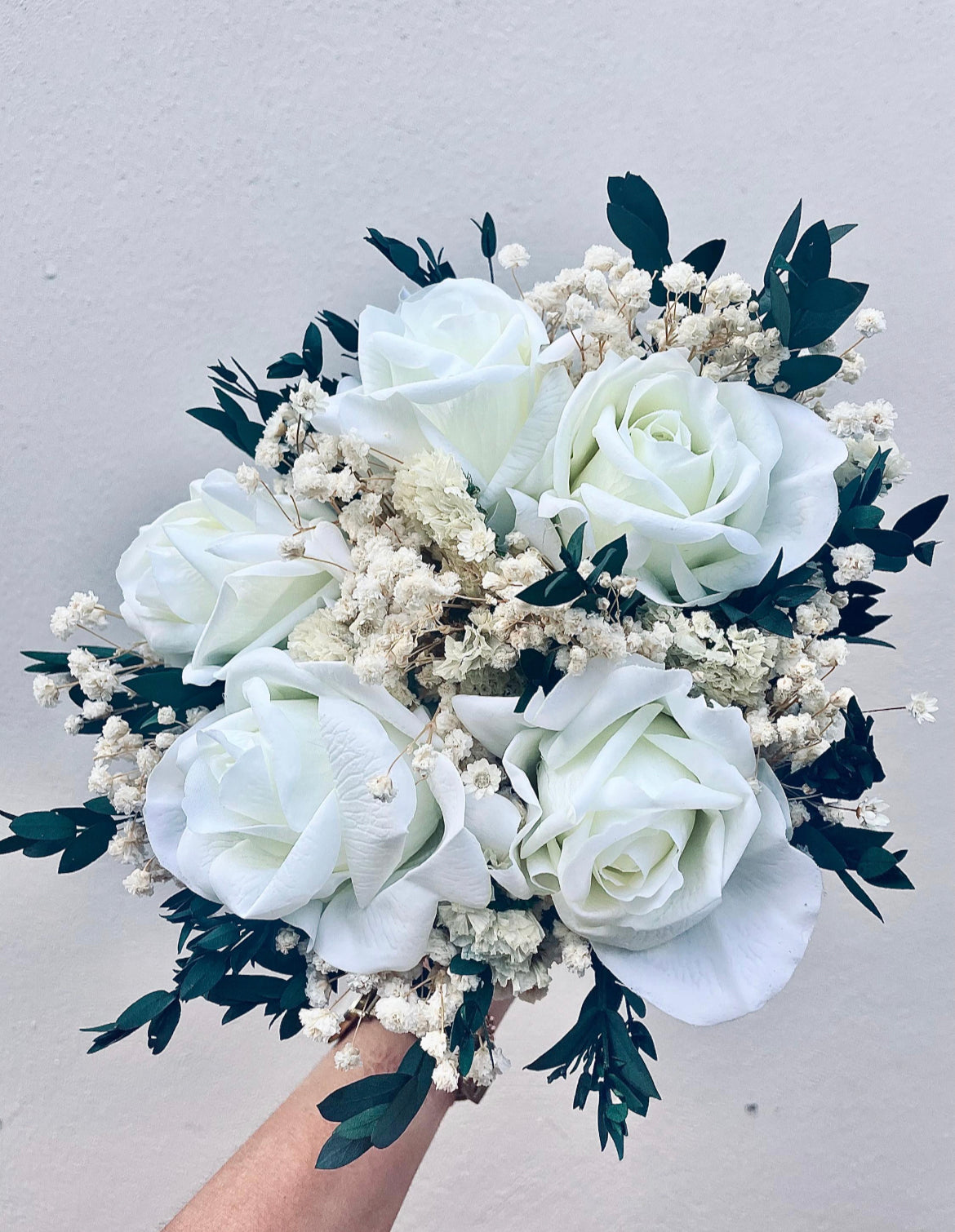 Dried Flower Bridal Bouquet White Real Touch Roses Preserved Eucalyptus Gypsophila Wedding Bouquet Boho Rustic Keepsake Flowers
