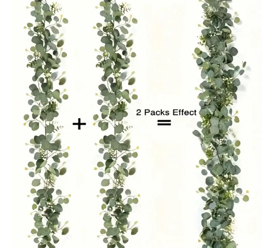 Eucalyptus Garland With Long Willow Leaves, Silvery Dollar Boston Fern Greenery Garland White Flowers Eucalyptus Vines, Scene Decor 1.8meter