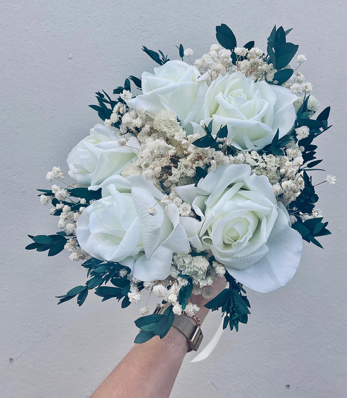 Dried Flower Bridal Bouquet White Real Touch Roses Preserved Eucalyptus Gypsophila Wedding Bouquet Boho Rustic Keepsake Flowers