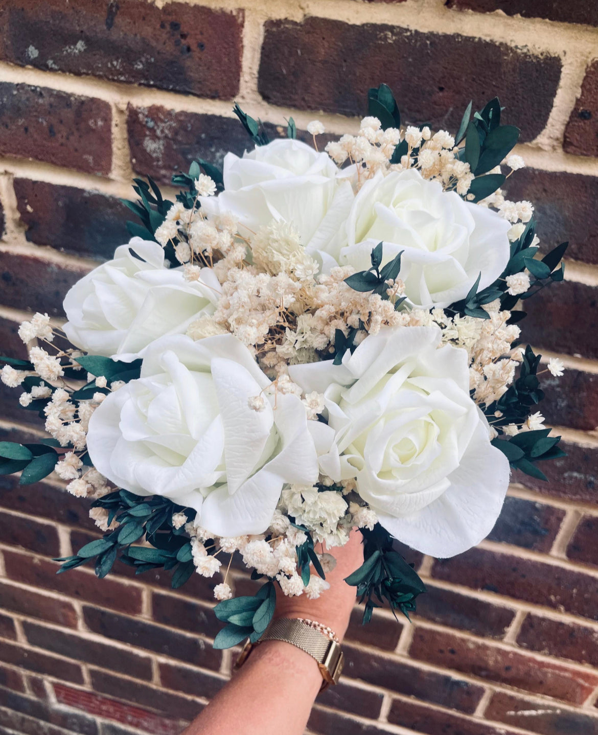 Dried Flower Bridal Bouquet White Real Touch Roses Preserved Eucalyptus Gypsophila Wedding Bouquet Boho Rustic Keepsake Flowers