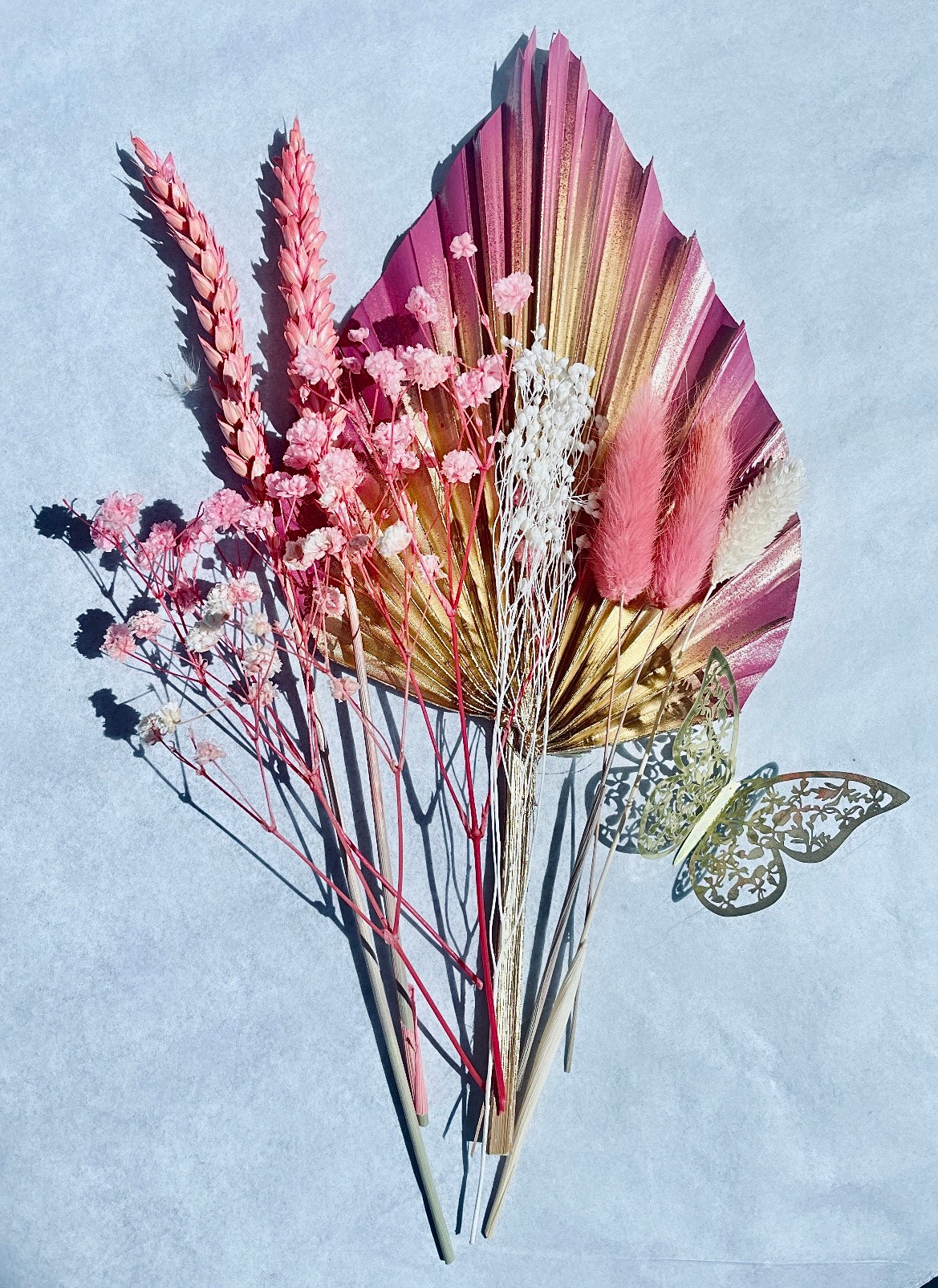 Pink Gold Palm Spear Cake Topper Palm Leaf Dried Flower Cake Topper Dry Flower Pampas Cake Topper Palm Spear Bouquet Gold Butterfly