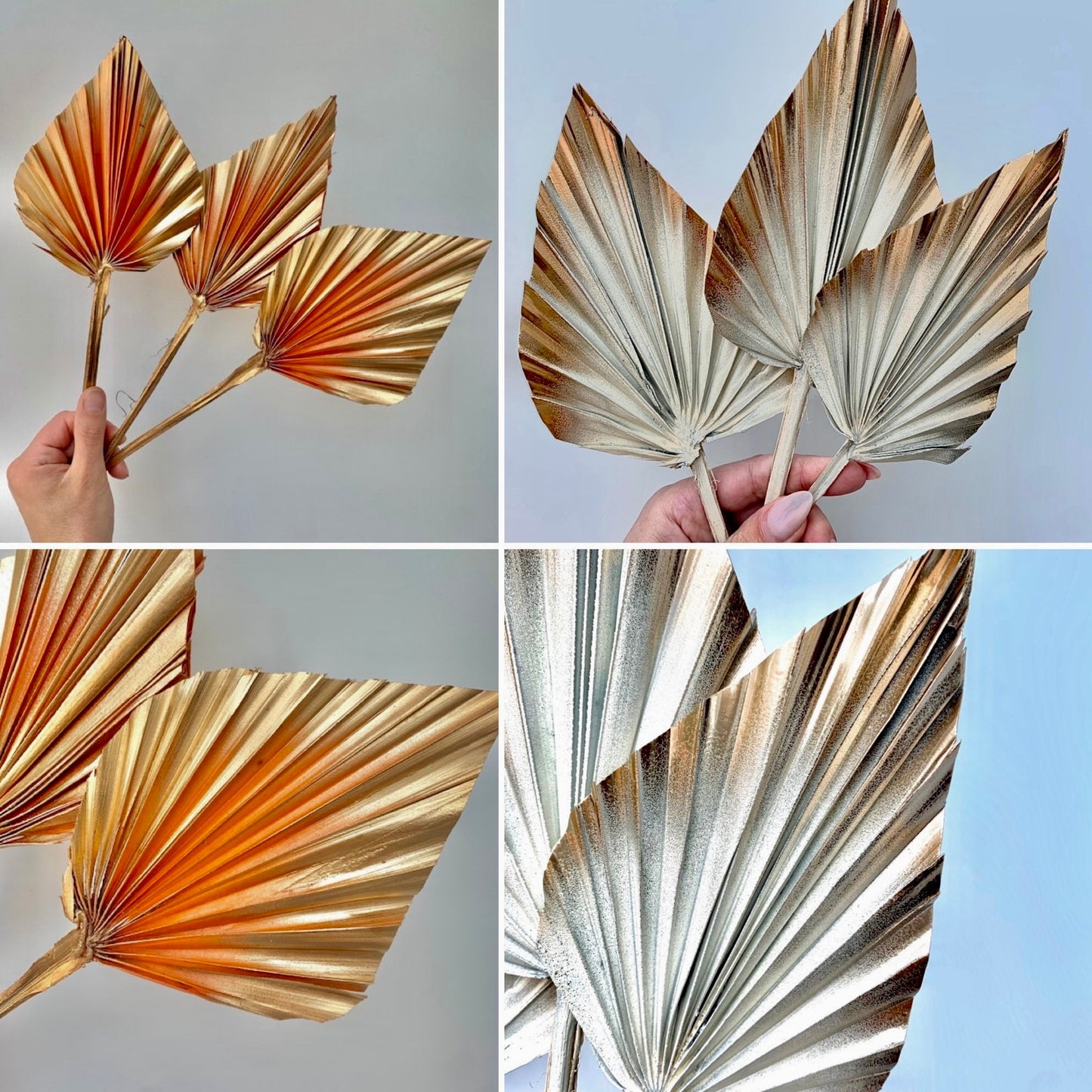 3 x Natural Dried Palm Spear Leaves ,orange-gold colour/ cream - gold / boho decor, dried vase flowers, palm leaf UK,palm cake topper