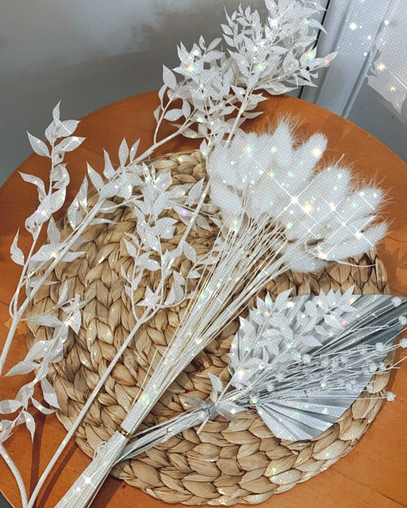 WHITE COLLECTION /white ruscus branch/ white bunnytail/ silver palm spear bouquet / wedding decoration/ Dried flowers cake topper