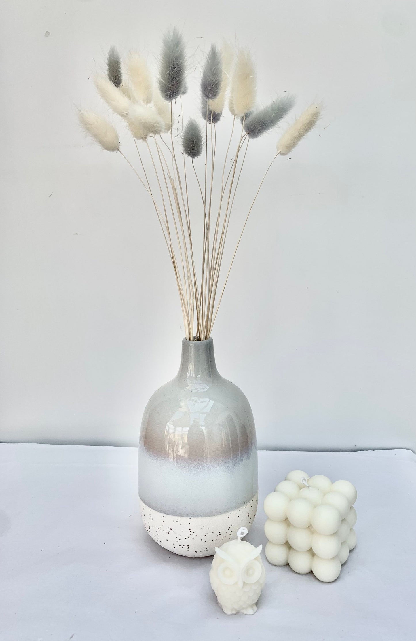 GIFT SET Ceramic bud vase/ bunny tails / scented bubble candle / boho decor / home decor gift for her/ owl candle / valentines gift