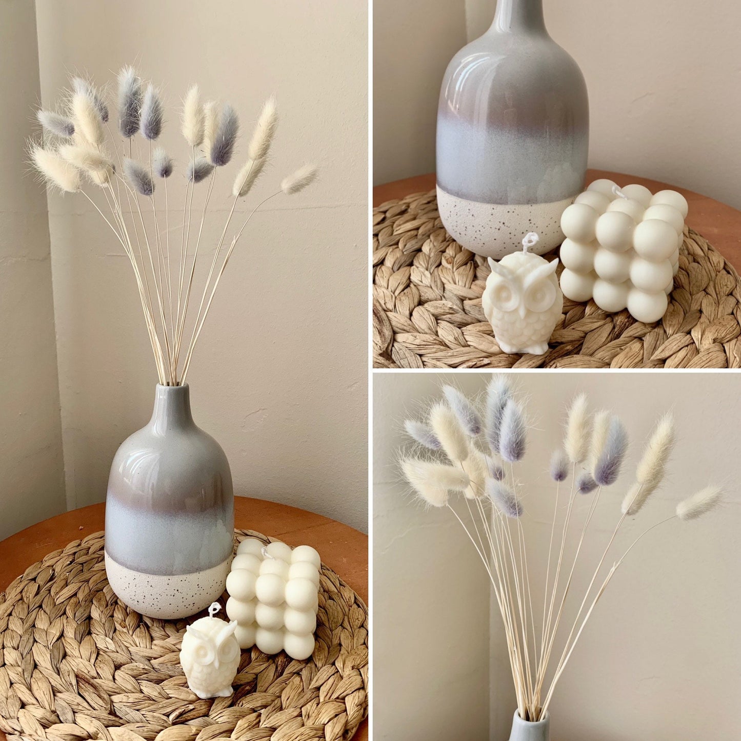 GIFT SET Ceramic bud vase/ bunny tails / scented bubble candle / boho decor / home decor gift for her/ owl candle / valentines gift