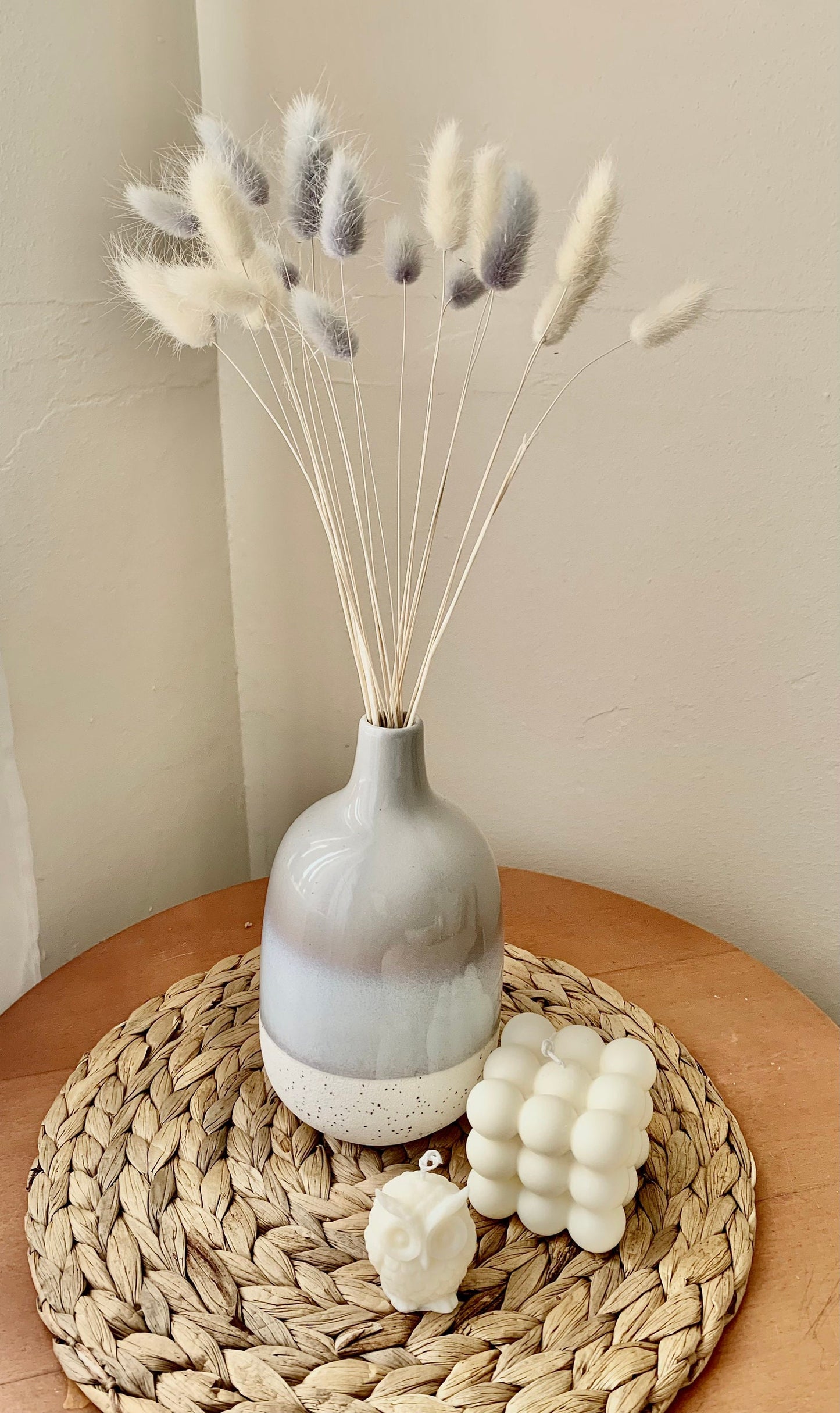GIFT SET Ceramic bud vase/ bunny tails / scented bubble candle / boho decor / home decor gift for her/ owl candle / valentines gift