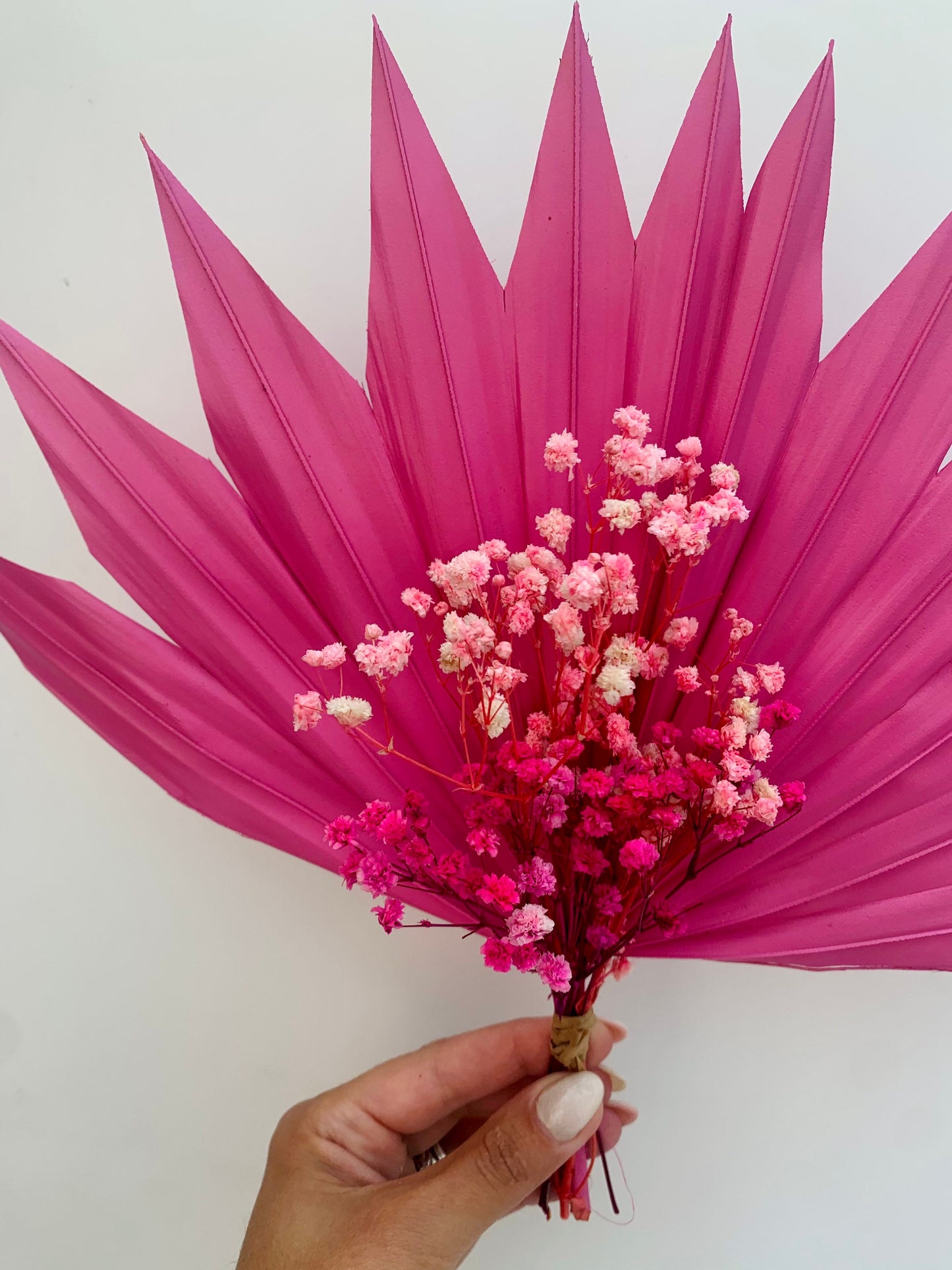 Pink sun palm leaf with gipsophila / palm leaves/ palm spears / cake topper / palm cake topper / dried flower cake topper