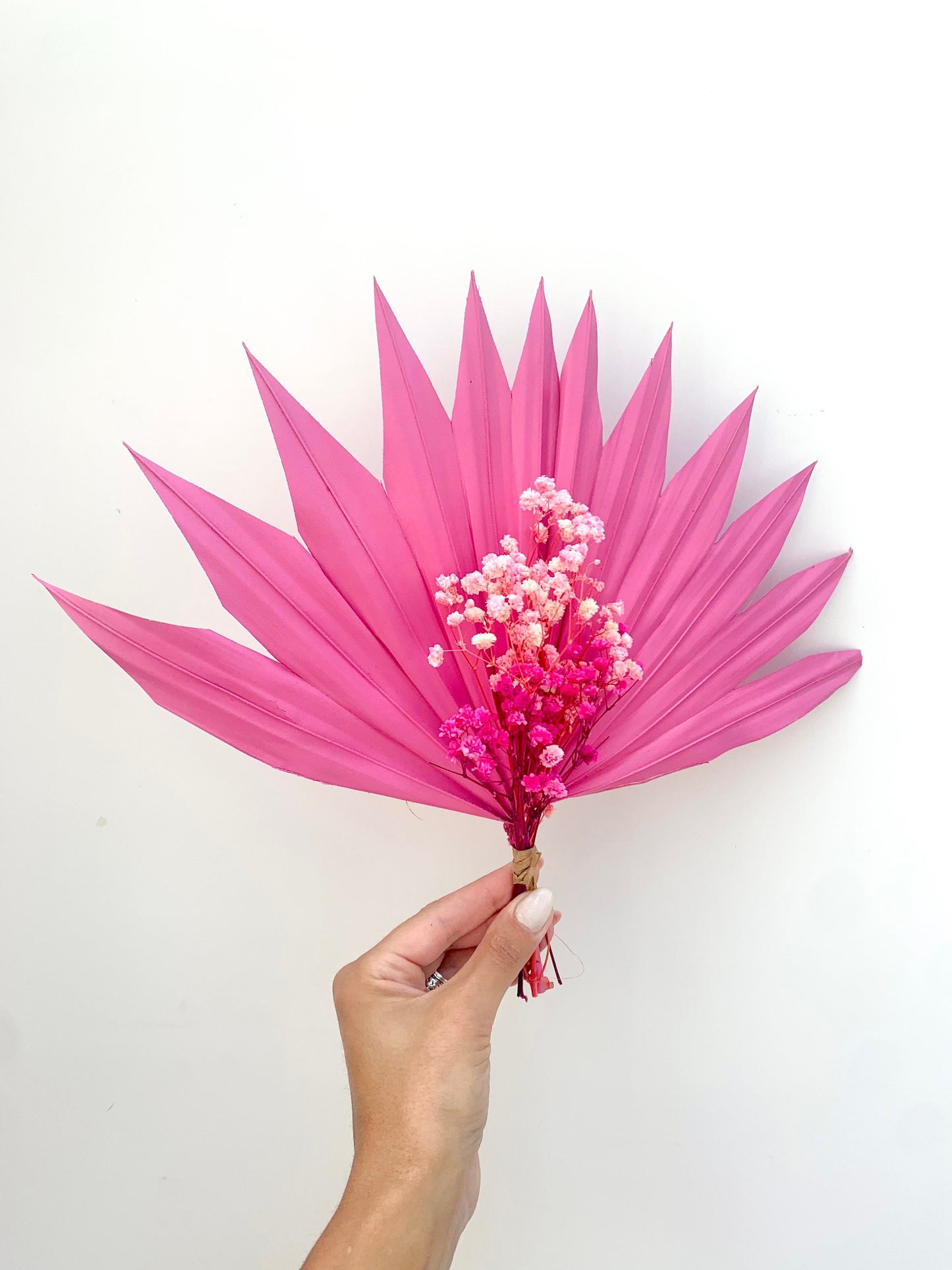 Pink sun palm leaf with gipsophila / palm leaves/ palm spears / cake topper / palm cake topper / dried flower cake topper