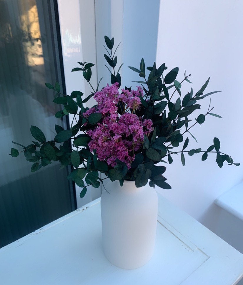 Dried Flower Arrangement Bouquet/ white vase/ home decor floral arrangements with eucaliptus and statice flower UK/ Everlasting Dried Flower Bouquet