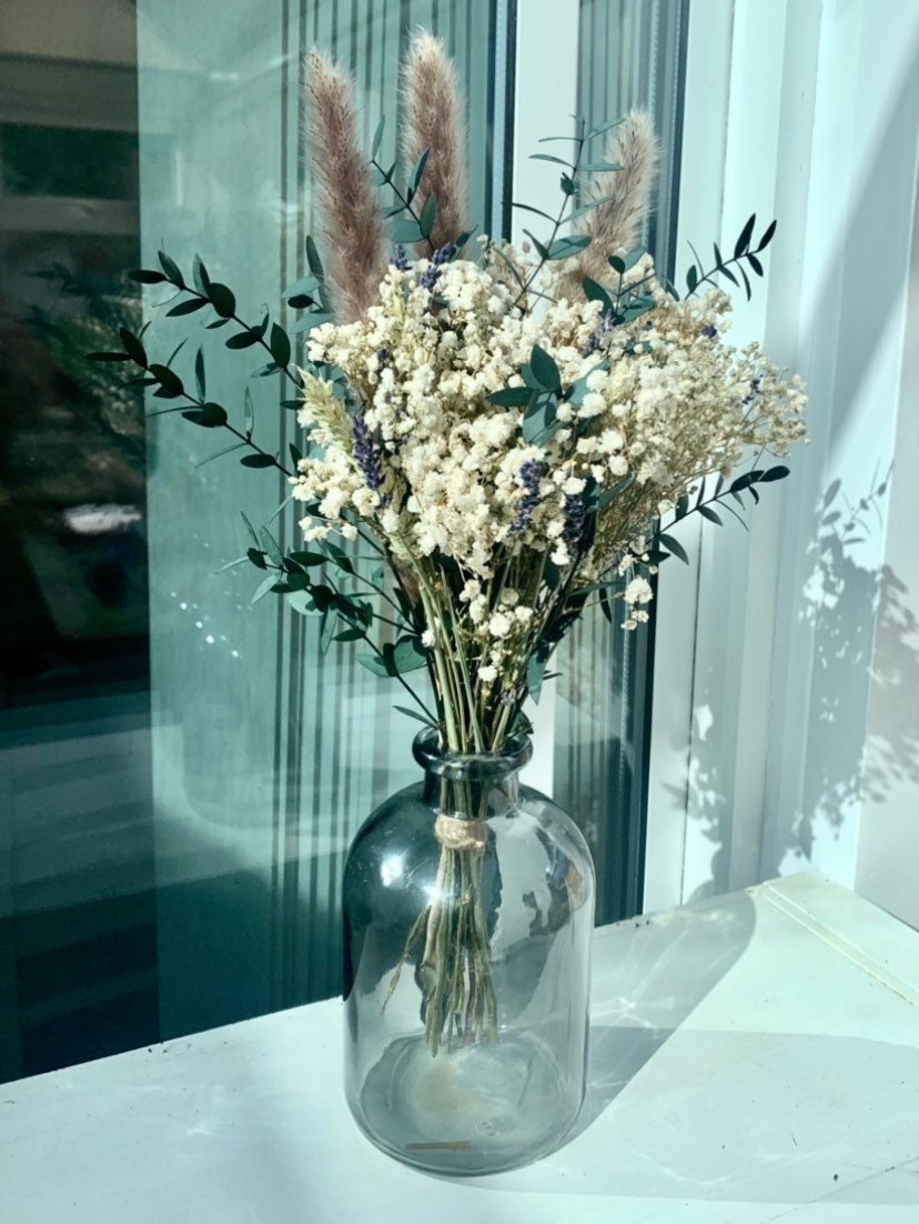 Bottle neck glass grey vase/ bud vase with bunny tails/ vase with dried flowers/ decorative vase /pampas vase / home decor GIFT FOR HER
