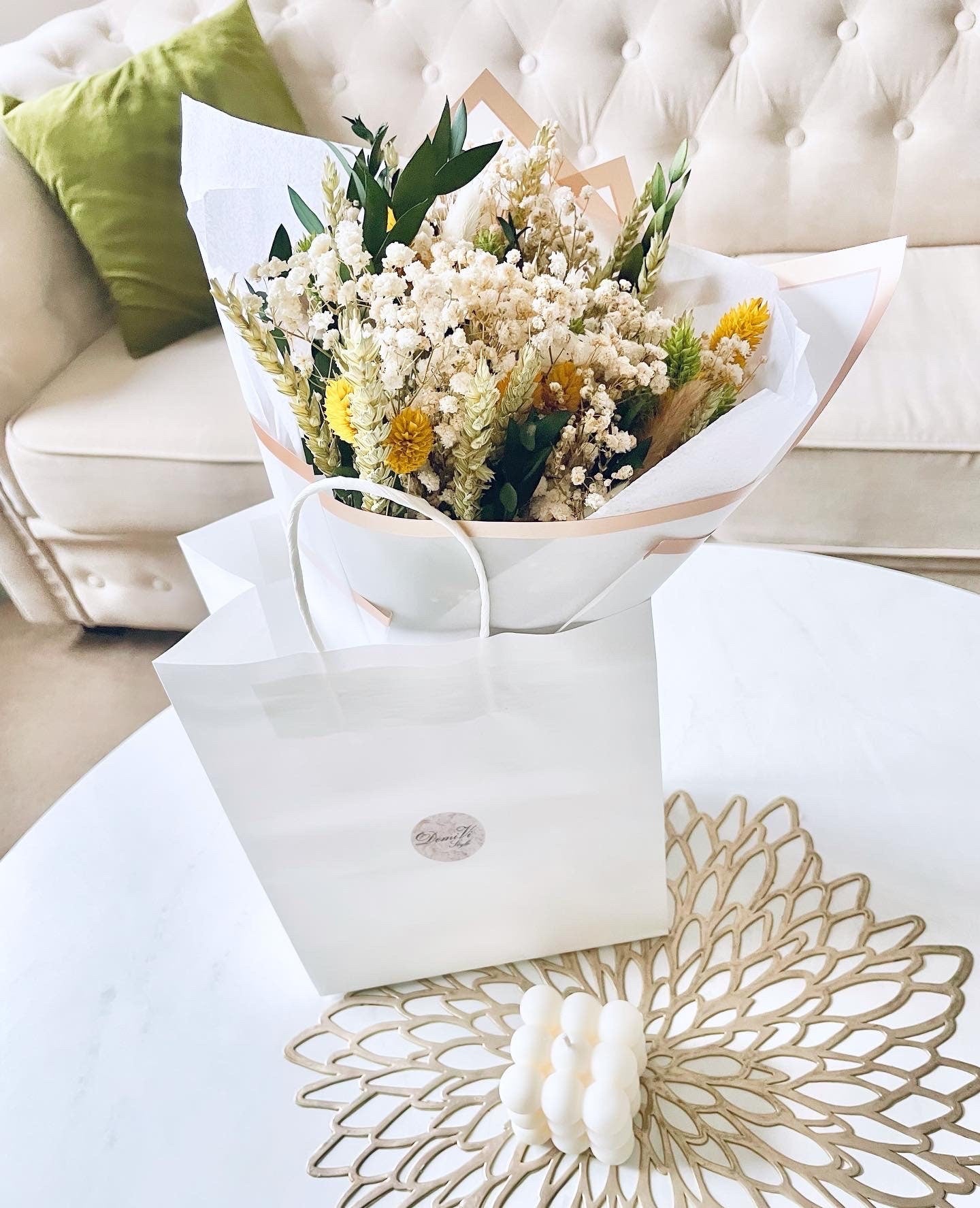 FLOWERS In A Bag/ Gypsophila Eucalyptus Bouquet / Dried Flowers/ Dried Flower Bouquet/ Gifts For Her / Dried flower arrangement with Candle