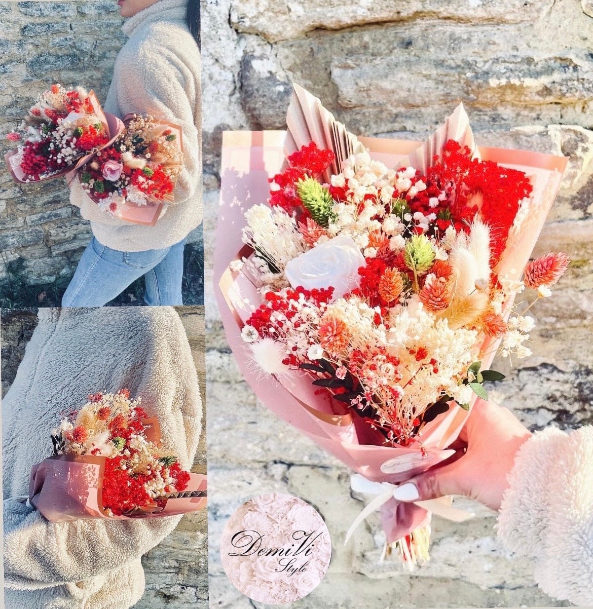 Valentine Day Flowers / Valentine Bouquet / Dried Flowers/ Red Dried Flower Bouquet/ Gifts For Her / Dried flower arrangement