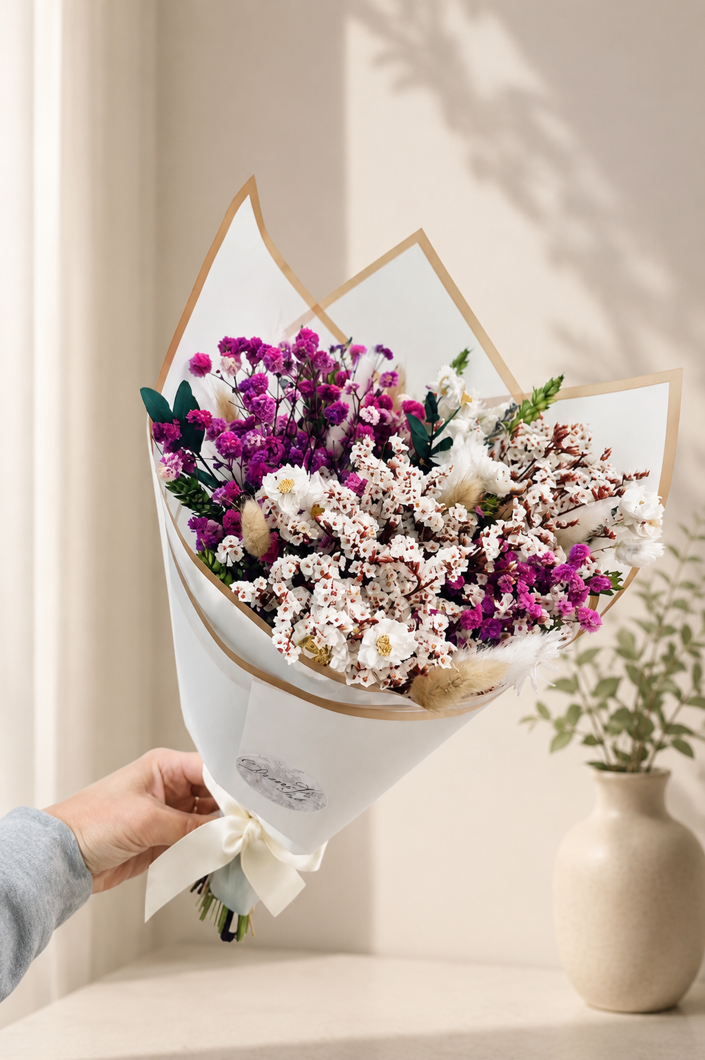 Purple Green White Gift Bouquet Dried Flowers  Bouquet Gifts For Her Gift Set Dried flower arrangement Babys Breath Gypsophila Bouquet