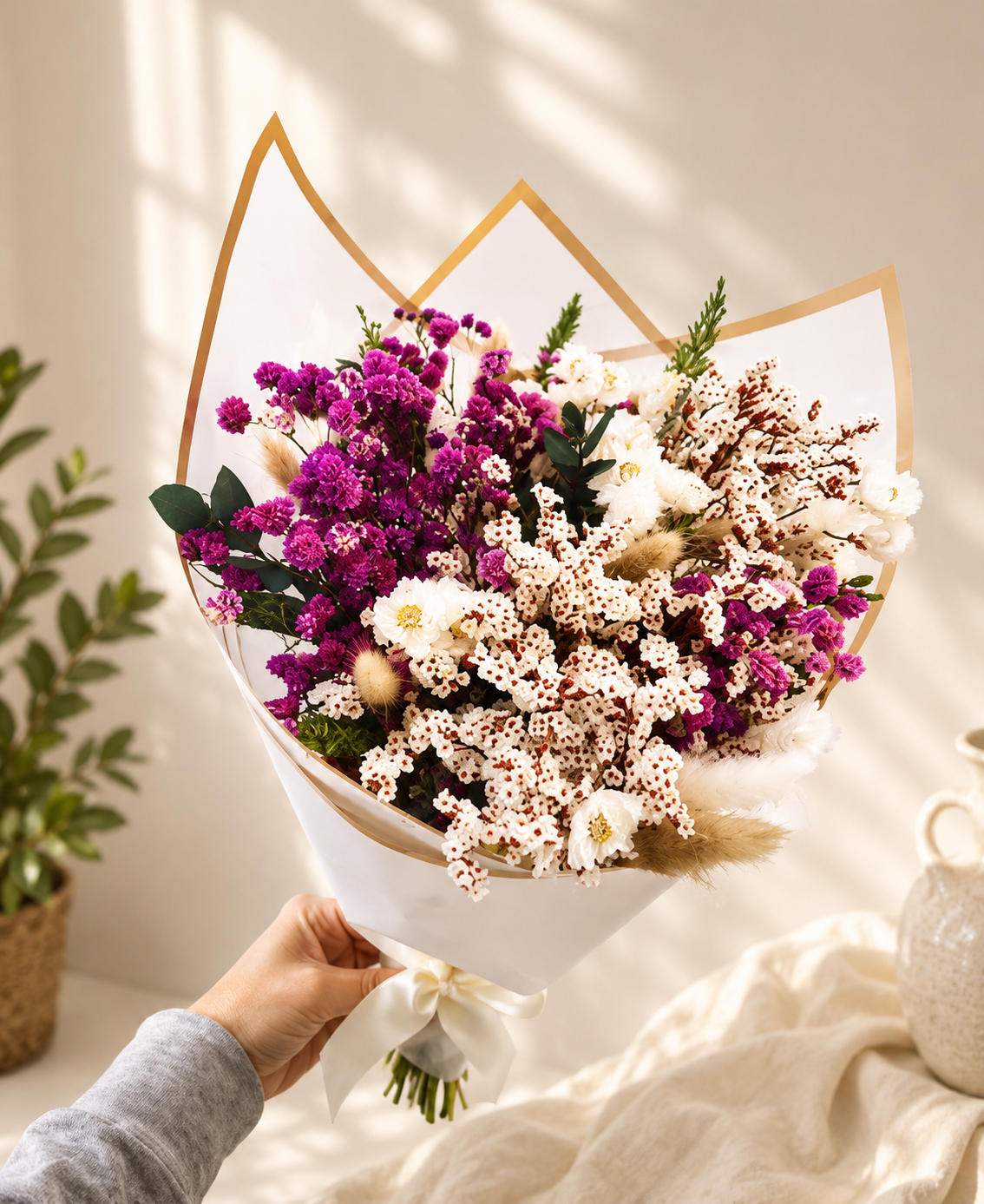 Purple Green White Gift Bouquet Dried Flowers  Bouquet Gifts For Her Gift Set Dried flower arrangement Babys Breath Gypsophila Bouquet