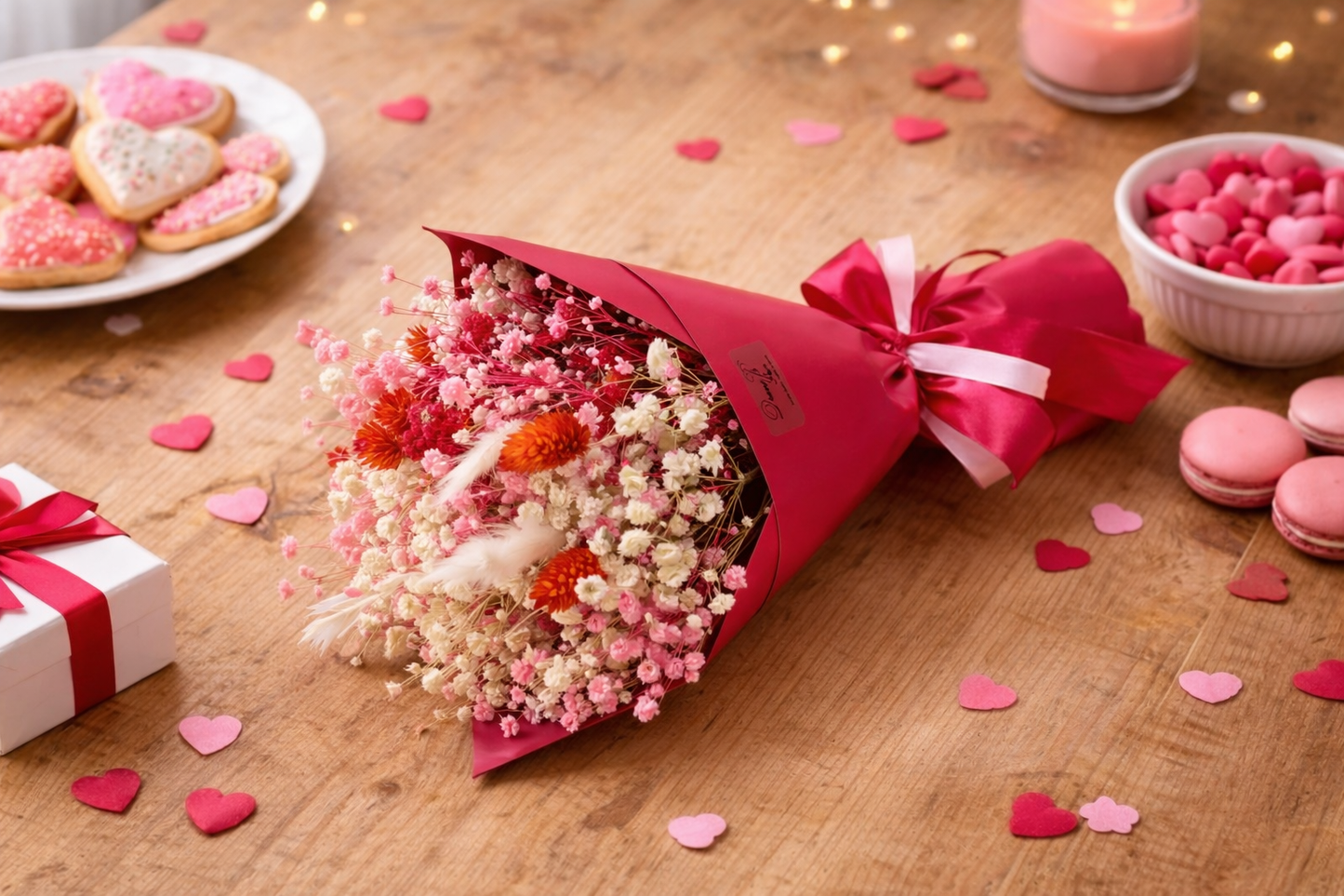 Dried Flower Bouquet Gift | Valentine’s Day Flowers | Pink Red Floral Arrangement | Everlasting Flowers | Romantic Home Decor