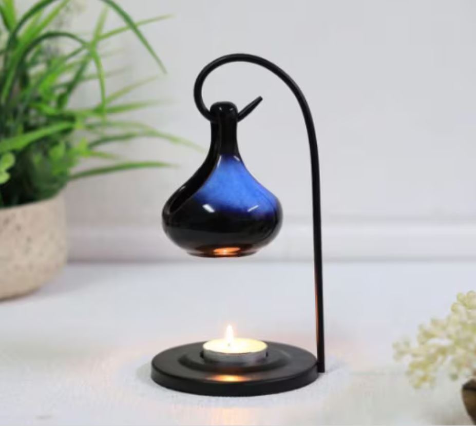 Tear Drop Blue Brown Tea Light Holder with candle and wax melts / Tear Drop wax melt burner Gift For Her