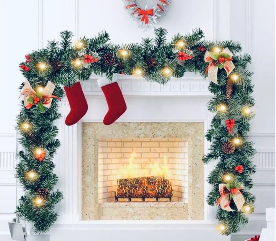 9ft 2.7M CHRISTMAS garland with LED lights fireplace garland with pine cones and berries / Nordic traditional holly red decoration