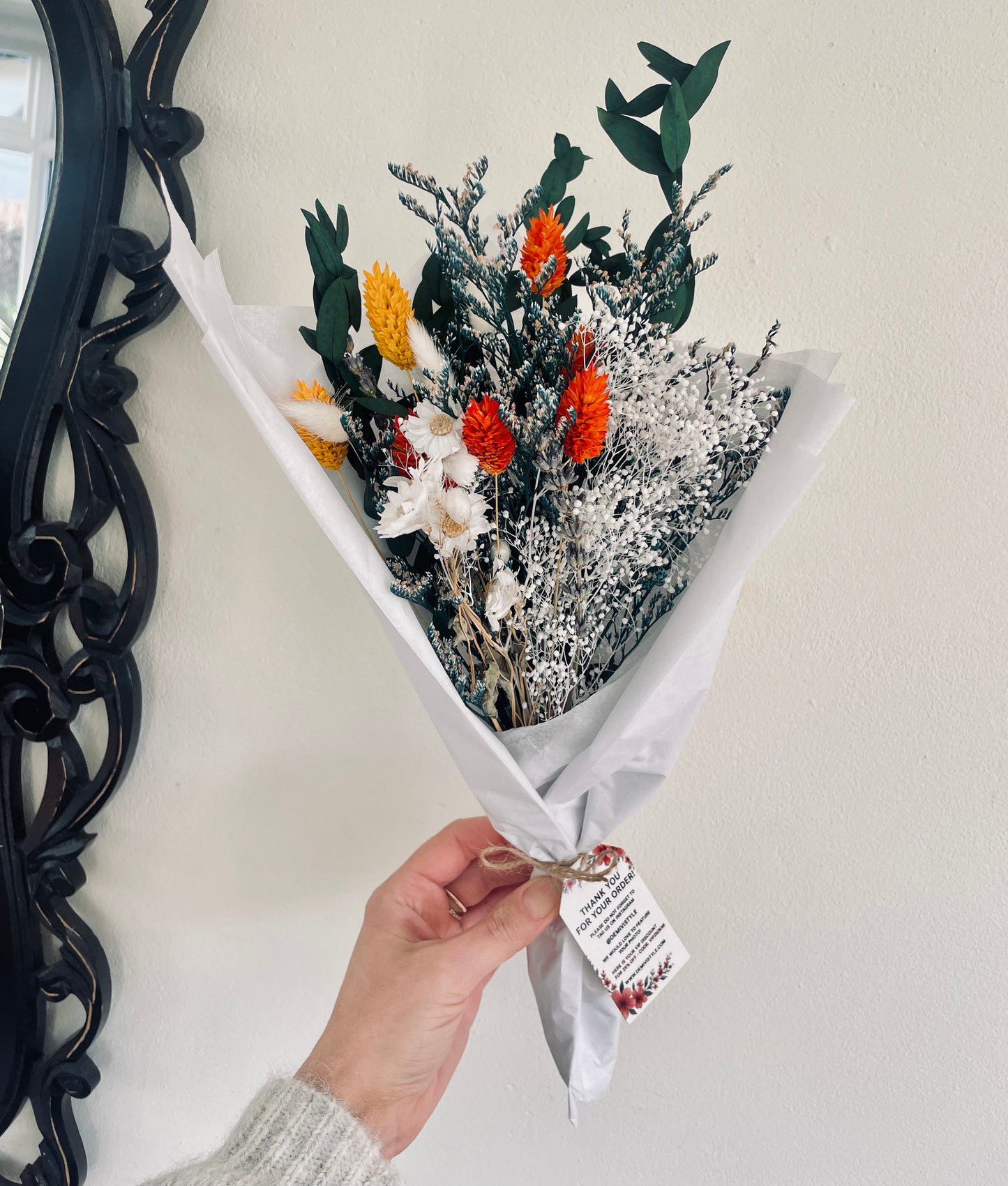 DRIED FLOWER BOUQUET “Ember” 40CM HANDMADE NATURAL MIXED - NATURAL, Green Burnt Orange