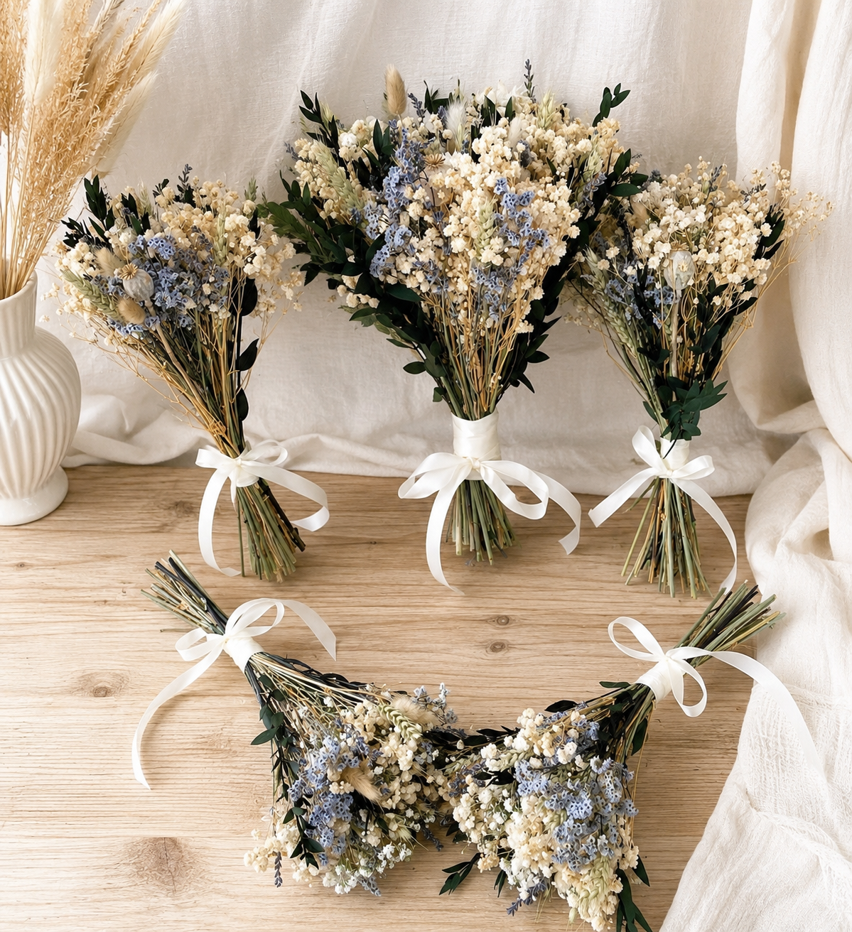 Blue & Ivory Dried Flower Bridal Bouquet | Preserved Wedding Bouquet | Rustic Boho Bride Flowers