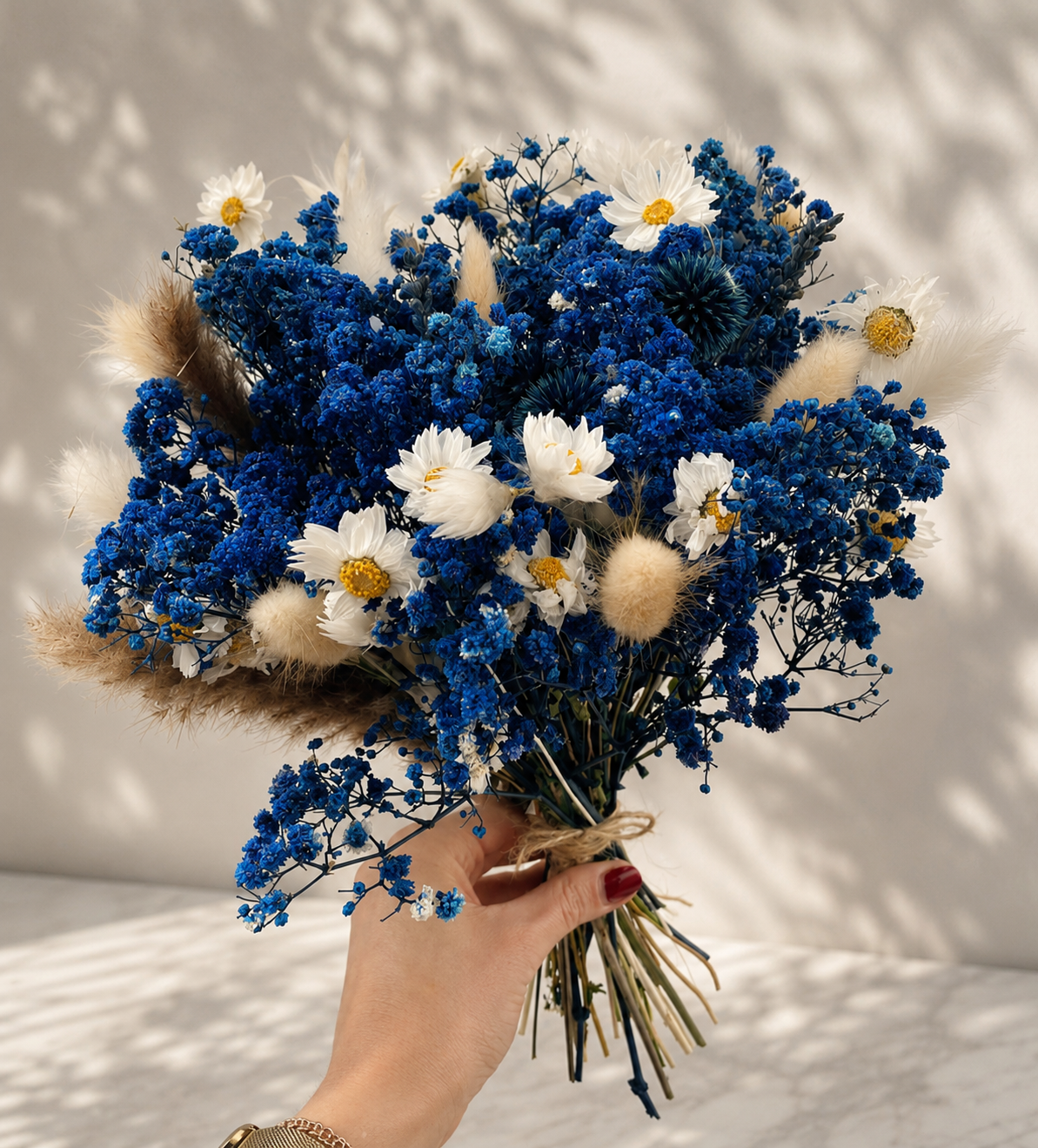 Blue Bouquet with Dried Daisies – Elegant, Handcrafted Flower Arrangement – Perfect for Home Decor, Weddings, or Special Occasions