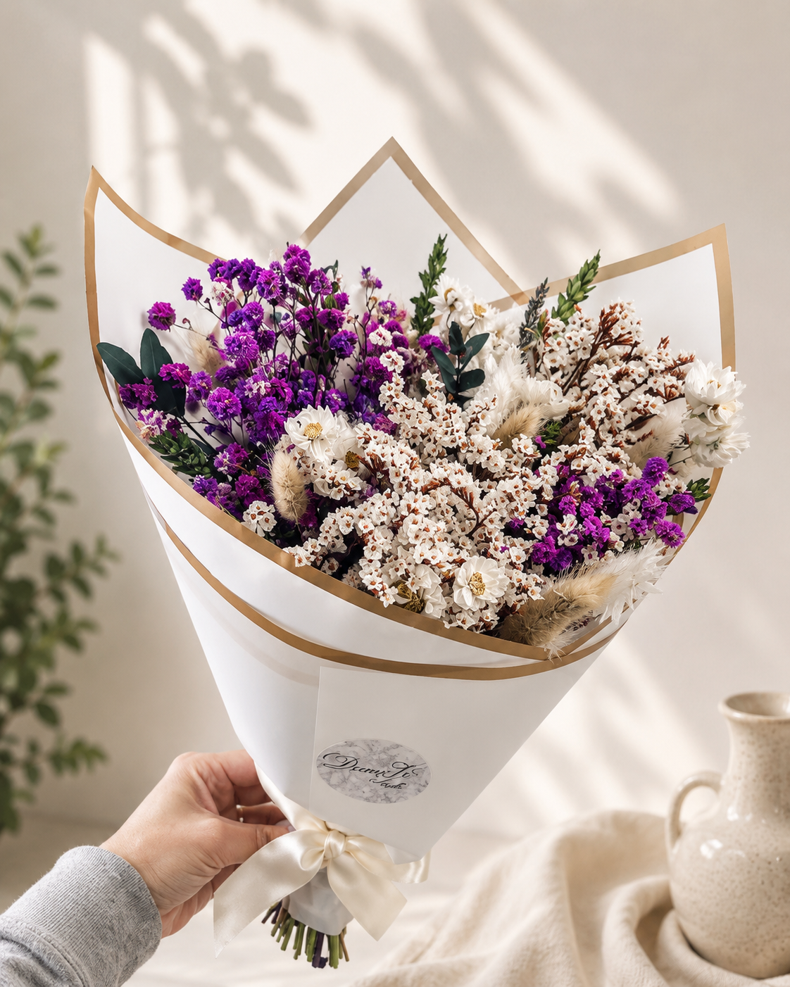 Purple Green White Gift Bouquet Dried Flowers  Bouquet Gifts For Her Gift Set Dried flower arrangement Babys Breath Gypsophila Bouquet