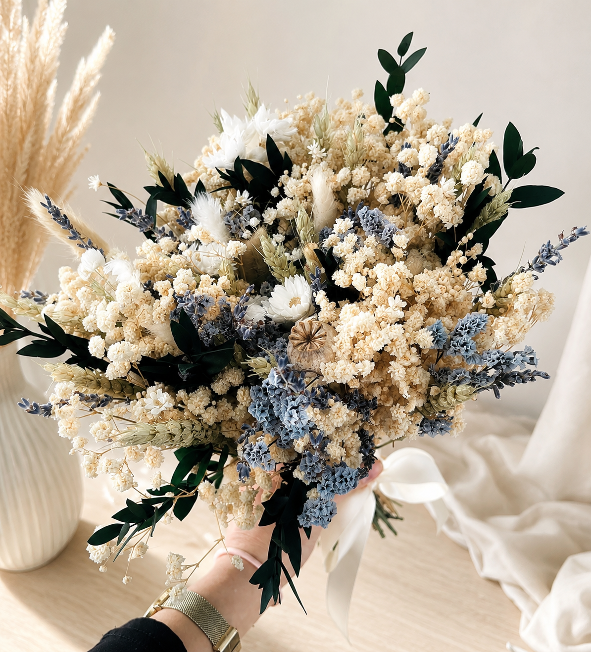 Blue & Ivory Dried Flower Bridal Bouquet | Preserved Wedding Bouquet | Rustic Boho Bride Flowers