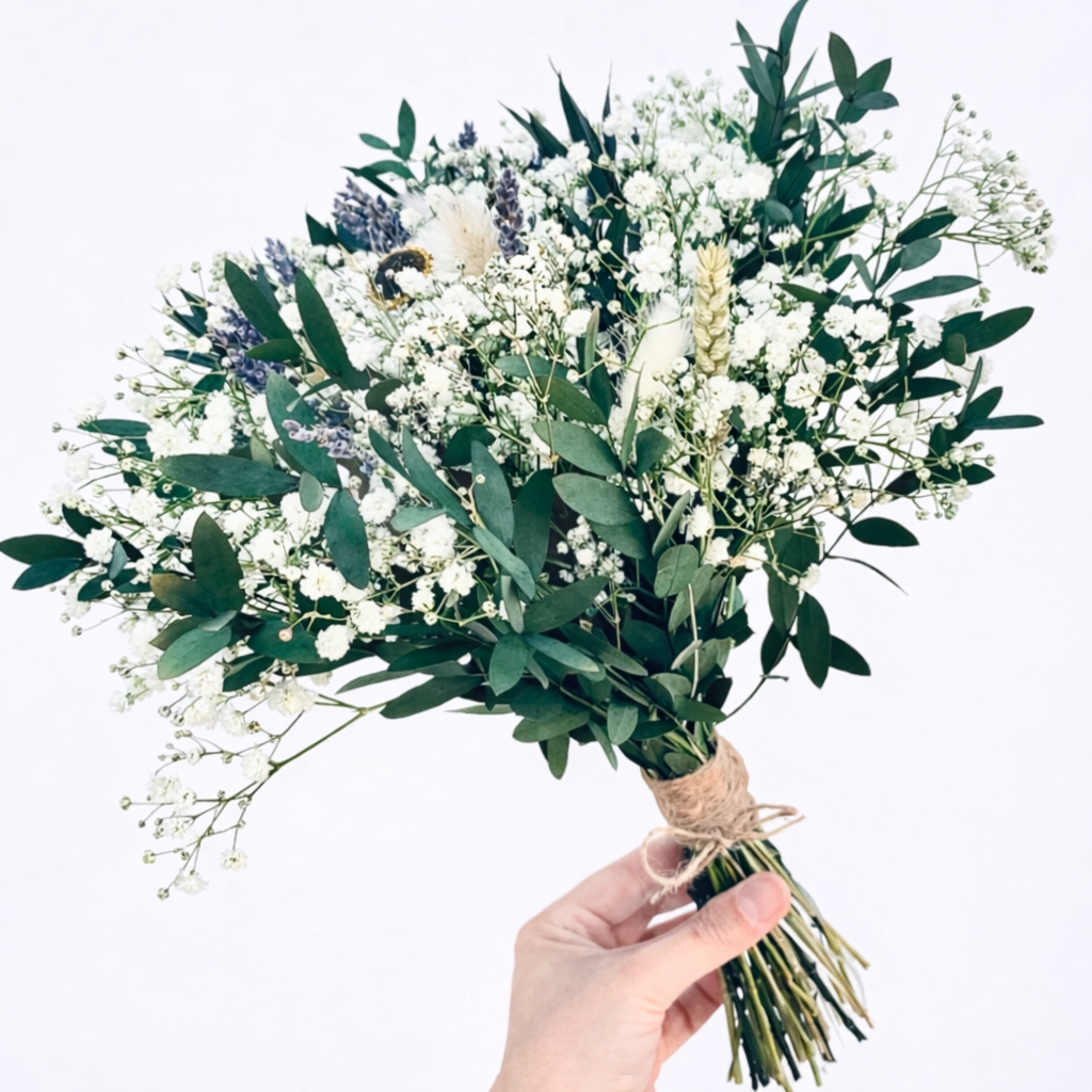 Dried Flower Bridal Bouquet “Ever After” for Rustic Wedding Handmade White and Green Boho Wedding Flowers with Eucalyptus Long Lasting Keepsake Bouquet