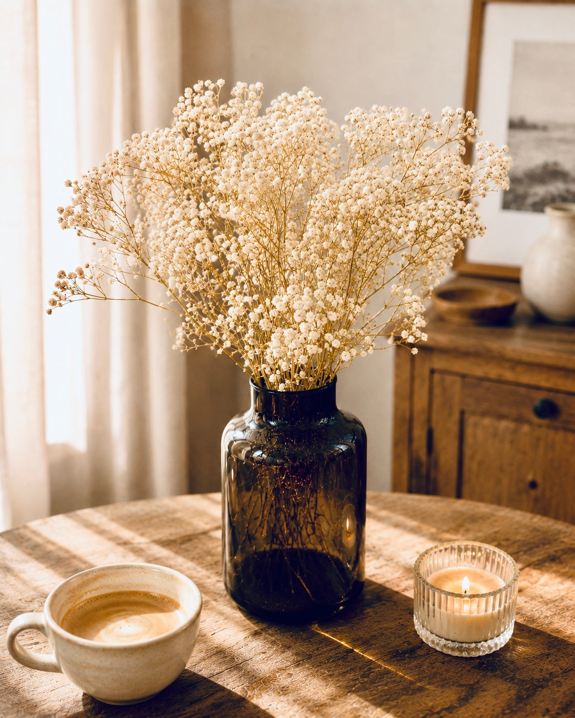 Preserved white dried Gypsophila /Black Glass Vase/ bud vase  / vase for flowers/ gypsophila bouquet /home decor / dried flower gifts