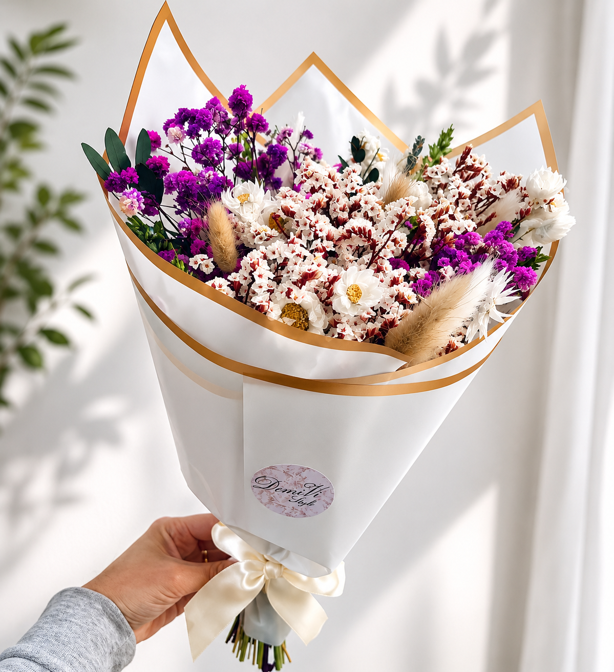 Purple Green White Gift Bouquet Dried Flowers  Bouquet Gifts For Her Gift Set Dried flower arrangement Babys Breath Gypsophila Bouquet