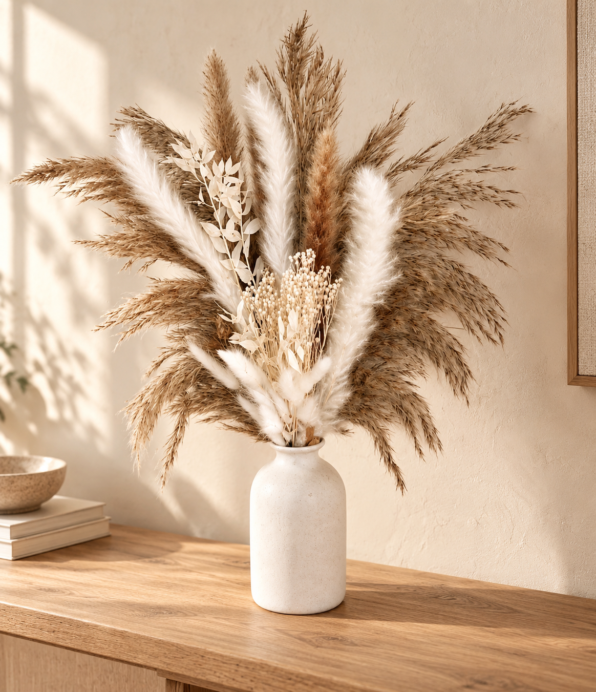 Natural Dried Pampas Grass Bouquet with Bunny Tails & Ruscus