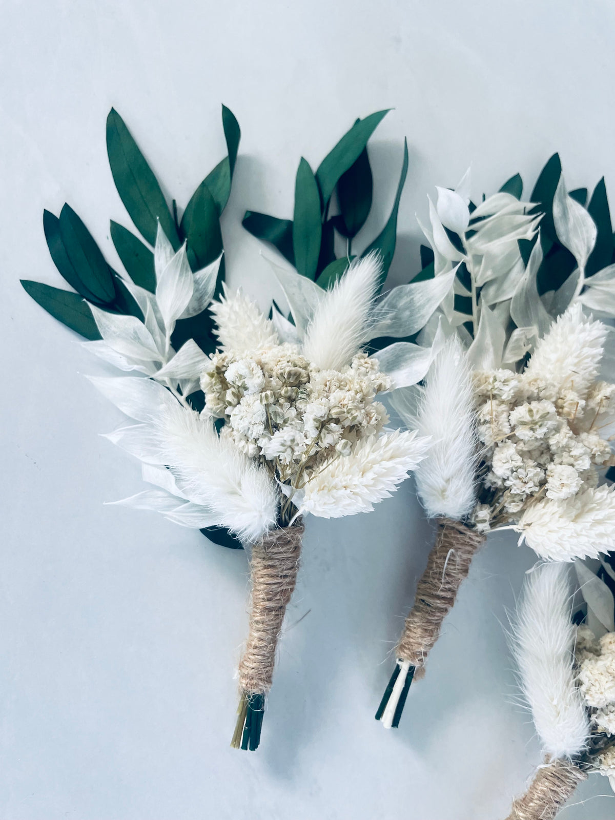 Dried Flower Buttonholes – White & Green Wedding Boutonnieres