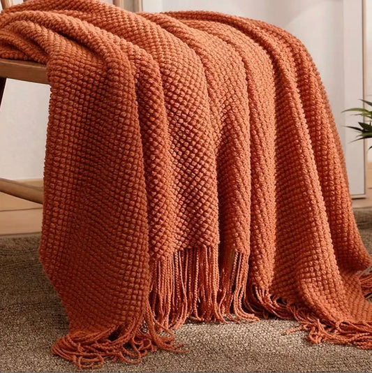 Rustic Burnt Orange Waffle Knit Throw Blanket with Tassels – Cozy Textured Sofa & Bed Decor