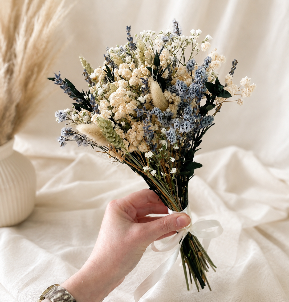 Blue & Ivory Dried Flower Bridal Bouquet | Preserved Wedding Bouquet | Rustic Boho Bride Flowers