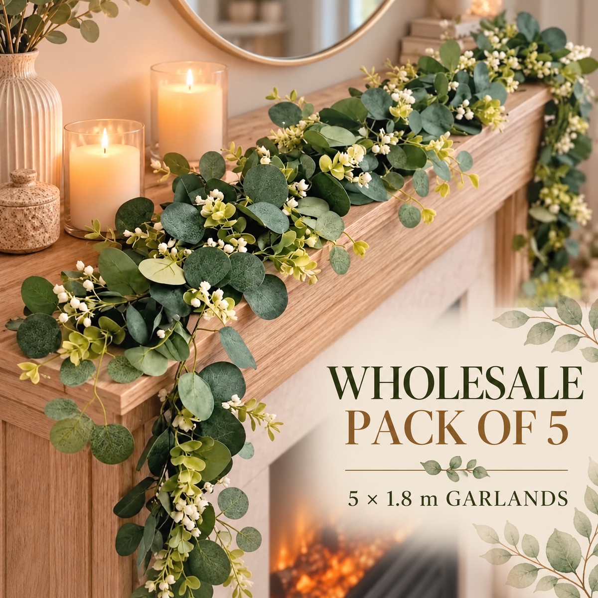 Wholesale Eucalyptus Garland with White Flowers – 1.8m | Pack of 5