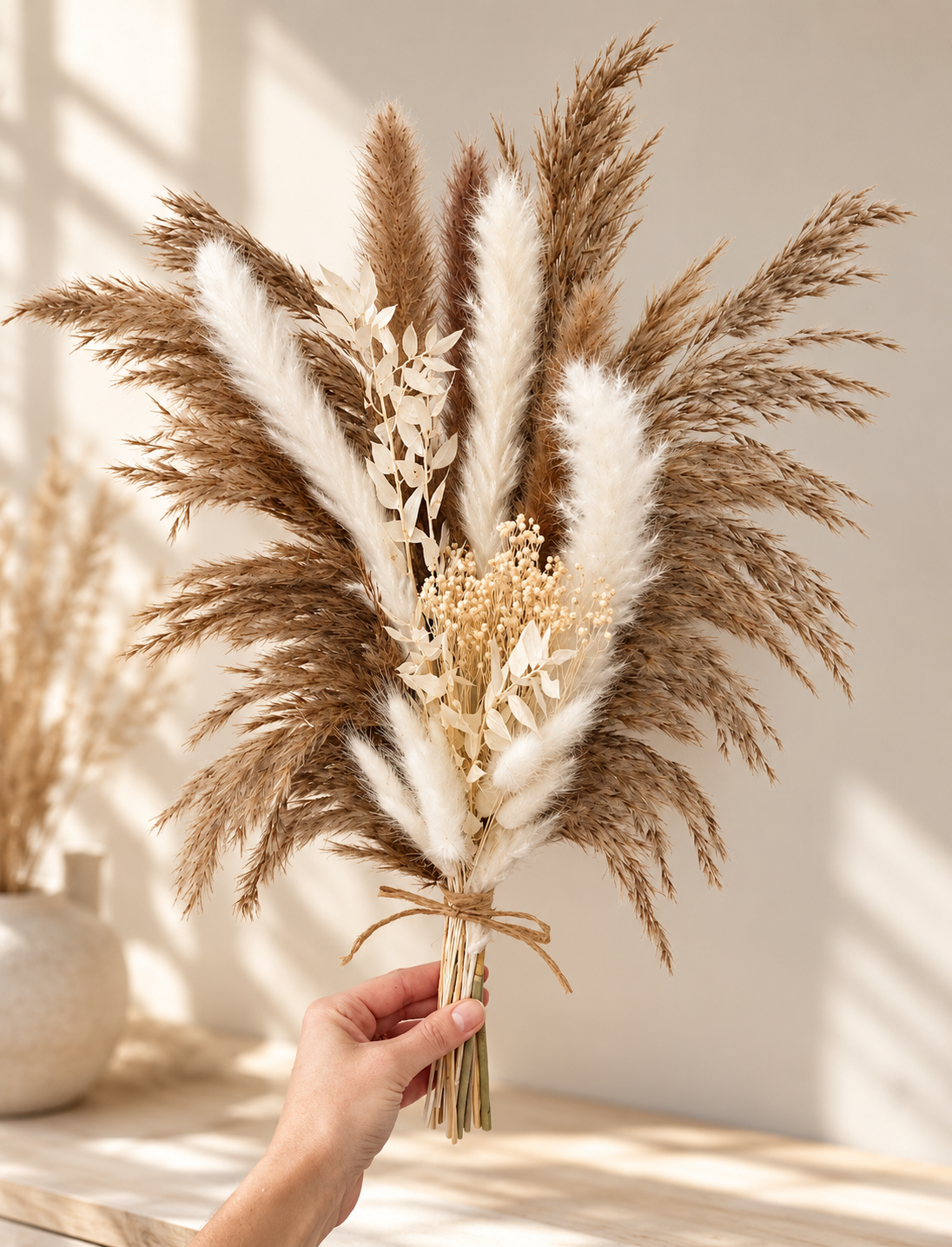 Natural Dried Pampas Grass Bouquet with Bunny Tails & Ruscus