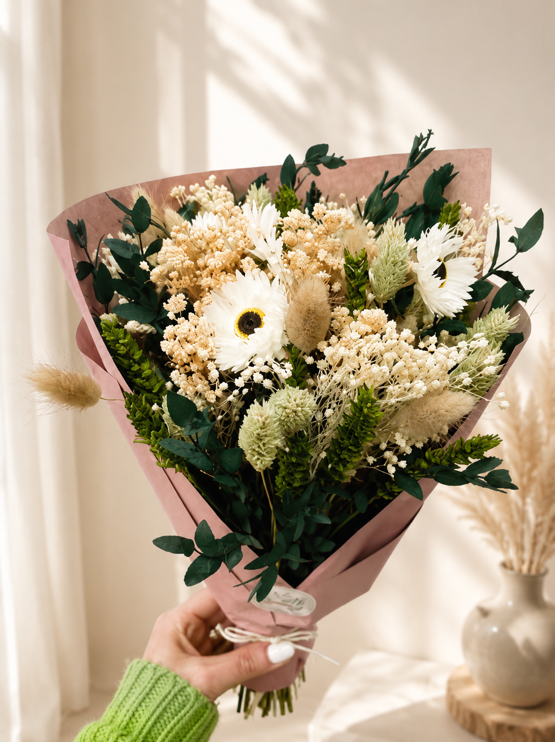 Purple Green White Gift Bouquet Dried Flowers  Bouquet Gifts For Her Gift Set Dried flower arrangement Babys Breath Gypsophila Bouquet